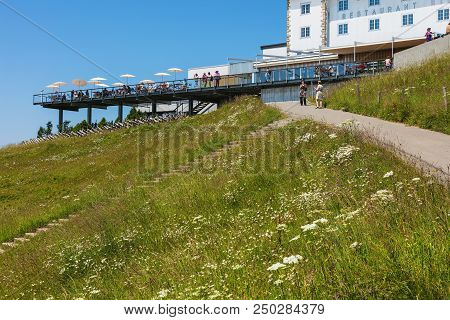 Mt. Rigi, Switzerland - July 19, 2018: People At A Restaurant On The Top Of The Mountain. Mt Rigi Is
