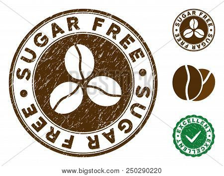 Sugar Free Brown Stamp. Vector Seal Watermark Imitation With Grunge Effect And Coffee Color. Round V