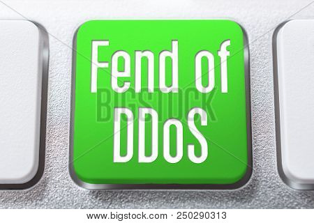 A Green Fend Of Ddos Button On A White Keyboard, Cyber Protection Concept