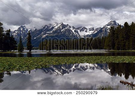 The Tetons Reflected In The Calm Waters Of Heron Pond, Near Colter Bay In Grand Teton National Park
