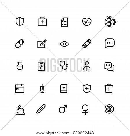 Medical Icons. Set Of 25 Editable Outline Medical Icons Such As Test Tube, Heart With Cross, Stethos