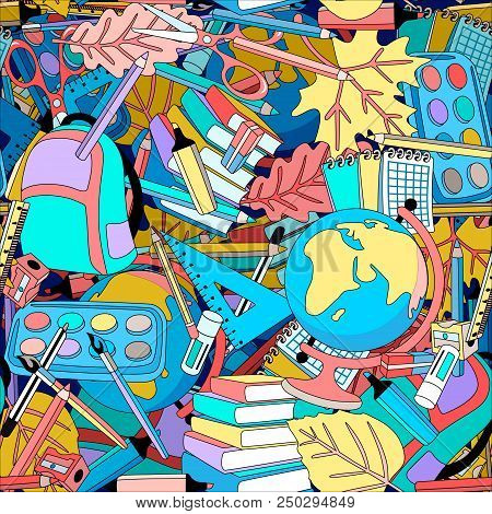 Back To School Seamless Multicoloured Pattern With School Supplies