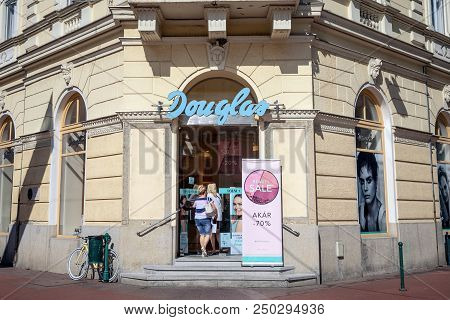 Szeged, Hungary - July 3, 2018: Douglas Cosmetics Logo On Their Main Shop In Szeged. Douglas Is A Ge