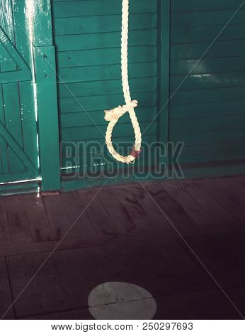 Gallows, Weapon Of Torture, Shackles, Wooden Element. White Rope Loop For Killing Prisoners Sentence