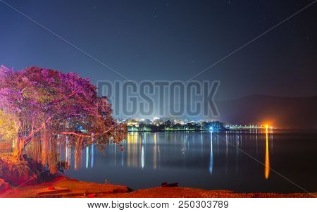 Pokhara Lakeside and Phewa Lake at night in Nepal