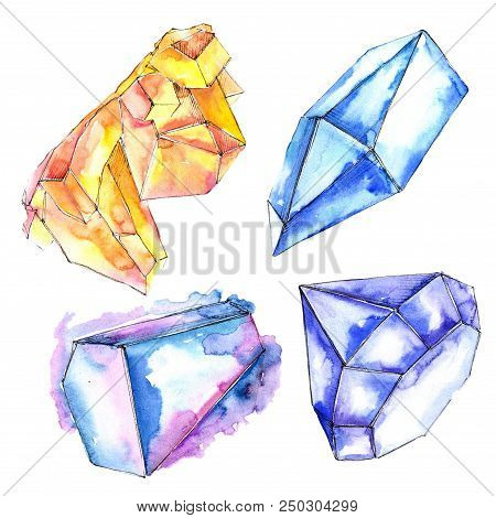Orange And Blue Diamonds Rock Jewelry Mineral. Isolated Illustration Element. Geometric Quartz Polyg