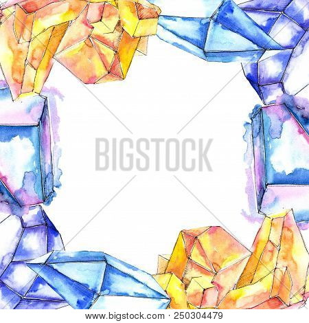 Colorful Diamond Rock Jewelry Mineral. Frame Border Ornament Square. Geometric Quartz Polygon Crysta