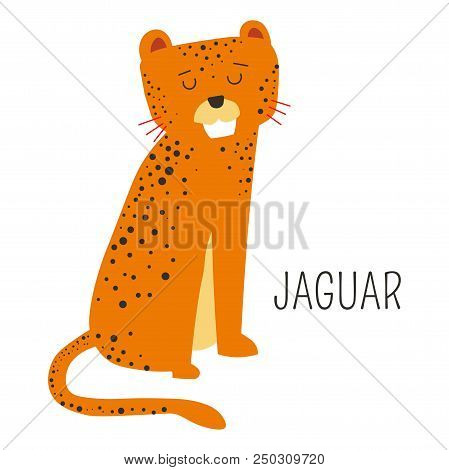Jaguar Childish Character For Book Or Fairy Tale. Wild Animal With Spots From Savannah. Fast Mammal 