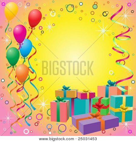 Sfondo di palloncino con stelle filanti e confezioni regalo