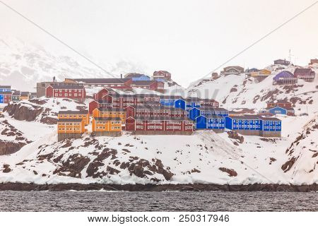 Red, Blue And Yellow Living Houses On The Rocky Hills Of Sisimiut The 2nd Largest Greenlandic City