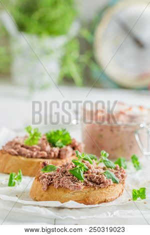 Homemade Bruschetta With Fegatini And Herbs For A Snack