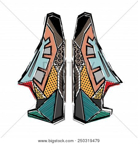 Two Abstract Shoues Silhouettes With Black Grunge Outline And Color Elements