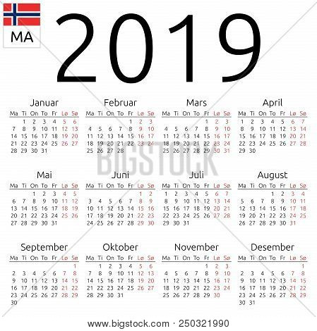 Simple Annual 2019 Year Wall Calendar. Norwegian Language. Week Starts On Monday. Highlighted Saturd