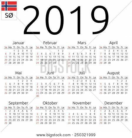 Simple Annual 2019 Year Wall Calendar. Norwegian Language. Week Starts On Sunday. Highlighted Sunday