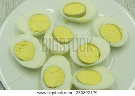 Hard Boiled Eggs On Wooden Table Nutrition Concept