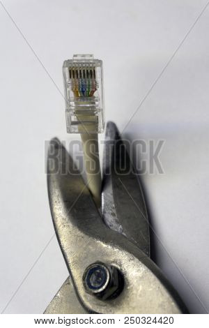 Scissors Cutting The Network Cable Copyspace Fall,