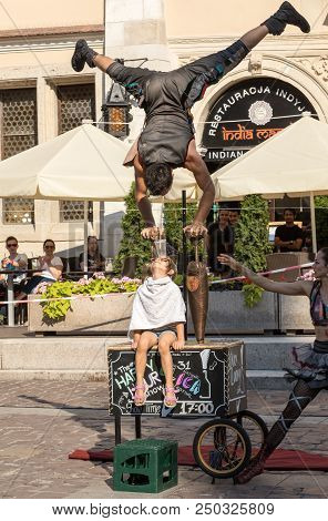 Cracow, Poland - July 5, 2018: Performance Of The Happy Hour Show Performed By Duo Looky From Israel
