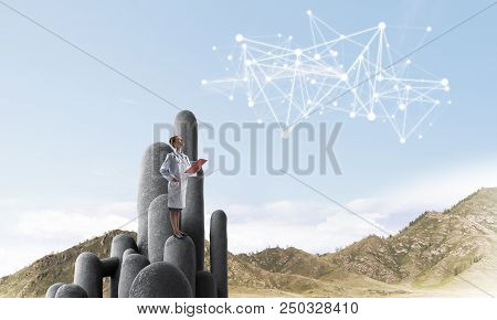 Young Female Doctor With Folder In Hands Satnding On Stone Column. 3d Rendering