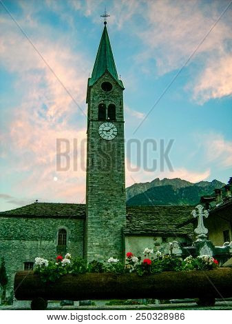 Church In The Alpine Village Of Gressoney