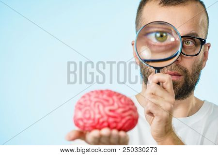 Adult Nerd Man Wearing Eyeglasses Looking At Human Brain Model. Thinking And Intelligence Conept