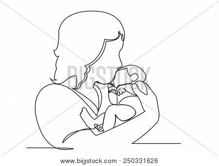 Continuous Single Drawn One Line Mom With Newborn Baby Painted By Hand Picture Silhouette. Line Art.