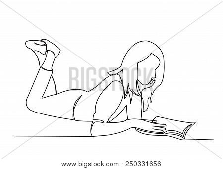 One Continuous Drawn Line Girl Reading A Book Hand-drawn Picture Silhouette.line Art. Character Chil