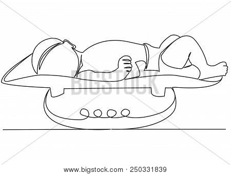 Continuous Single Drawn One-line Toddler Weigh On Scales Hand-drawn Picture Silhouette. Line Art.