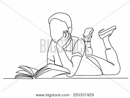 Continuous Single Drawn One Line Boy Reads Book Drawn By Hand Picture Silhouette. Line Art.