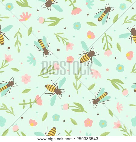 Cute Bees And Flowers. Vector Seamless Pattern