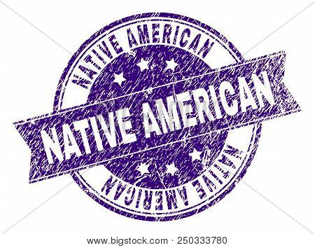 Native American Stamp Seal Watermark With Distress Texture. Designed With Ribbon And Circles. Violet