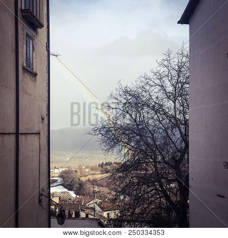 Beautiful Rainbow In The Medieval Village Of Pescocostanzo In The Abruzzi Region, Central Italy