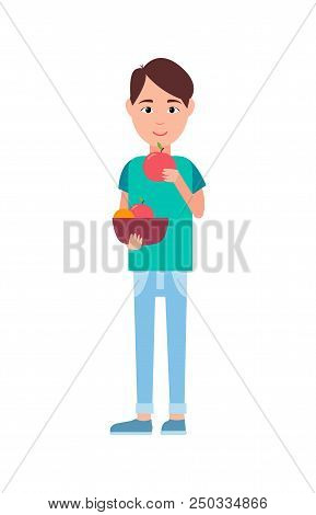 Man Eating Ripe Apples, Poster With Male, Holding Bowl Full Of Fruits, Healthy Lifestyle, And Useful