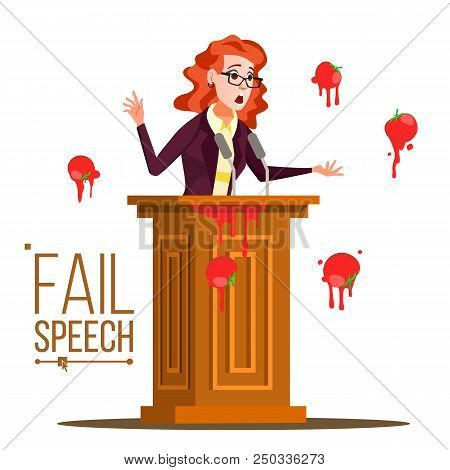 Business Woman Fail Speech Vector. Unsuccessful Messaging. Bad Feedback. Having Tomatoes From Crowd.