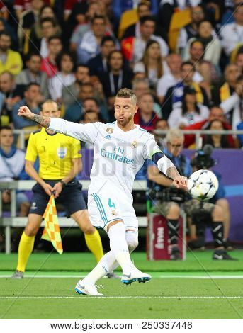 Kyiv, Ukraine - May 26, 2018: Sergio Ramos Of Real Madrid Kicks A Ball During The Uefa Champions Lea