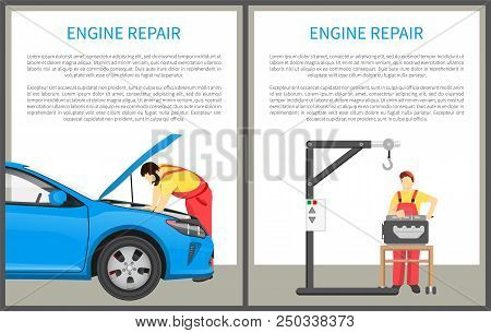 Engine Repair Posters Collection With Text Sample In White Boxes, Workers Fixing Car, Repairmen Near