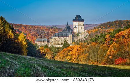Karlstejn Gothic Castle Near Prague, The Most Famous Castle In Czech Republic, Autumn Season