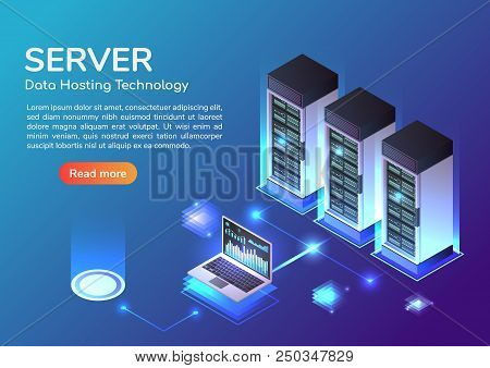 3d Isometric Web Banner Server Room And Hosting Storage Technology. Web Hosting Server And Data Cent
