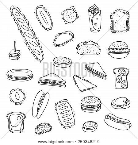 Set Of Different Hand Drawn Outline Sandwiches And Burgers Isolated On White Background.