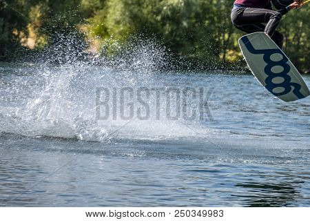 Duisburg , Germany - July 18 2018 : Boy Having Fun With Waterski On The Lake.