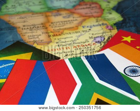 Flags Of The Brics Countries On The South Africa Map. Concept For Summit Of Brazil, Russia, India, C