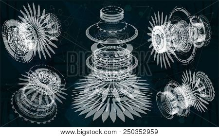 Mechanical Scheme, Vector Illustration With Circles And Geometric Parts Of The Mechanism. Jet Engine