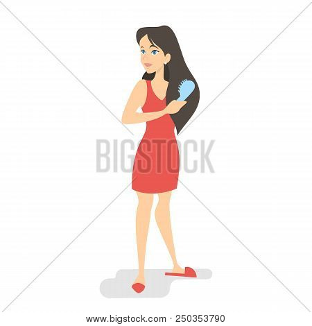 Beautiful Young Woman In Red Dress Combing Long Brown Hair With Blue Brush. Isolated Vector Illustra
