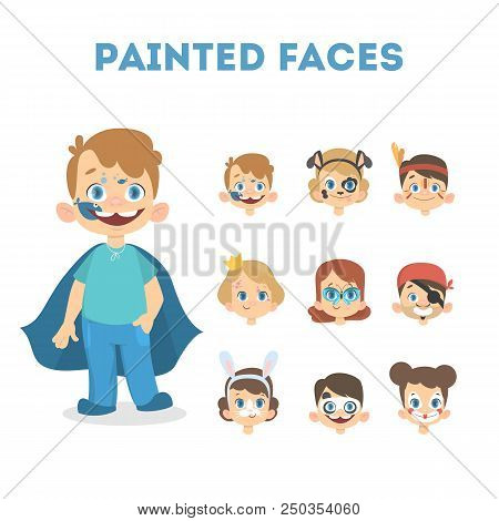 Set Of Happy Children Portraits With Painted Faces. Blue Costume With Cloack For Boys And Facial Mas