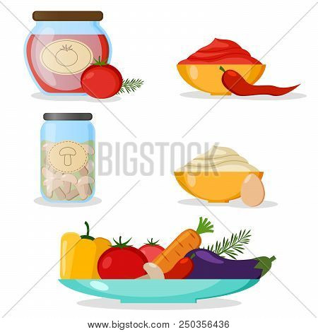 Set Of Vegetables, Mayonnaise, Chili Sauce And Canned Food. Label. Vector Illustration