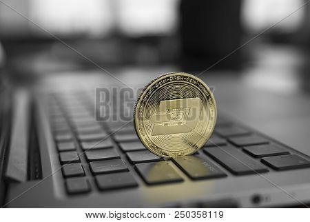 Dash Coin Symbol On Laptop. Concept Financial Currency, Crypto Currency Sign. Blockchain Mining. Dig