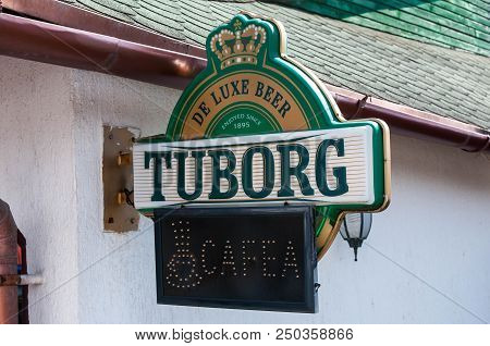 Izvorul Muresului, Romania-21 July 2018: Tuborg Beer Street Sign On Local Restaurant.