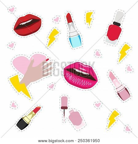 Fashion Patch Badges And Vector Stickers. Modern Pop Art Elements. Cosmetics. Lips, Nail Polish, Lip