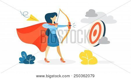 Business Goal Concept. Strong Business Woman With Red Cloack Standing At The Target. Reaching Busine