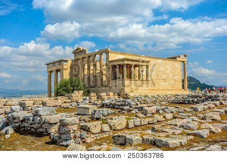 View Of The Erechtheion Temple At The Athens Acropolis In Athens Greece On A Warm Summer Day With Ly