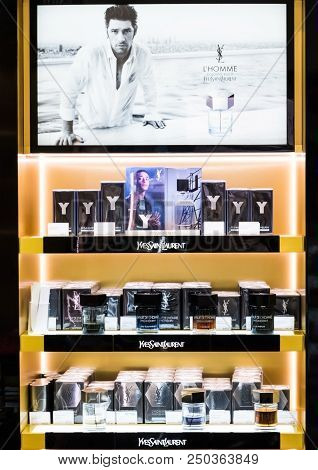 Amsterdam, Netherlands - July 18, 2018: Yves Saint Laurent Frangrance Perfume Stand In Shopping Cent
